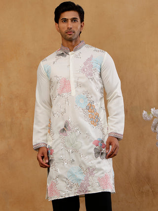 White Silk Blend Embroidered Kurta for Men
