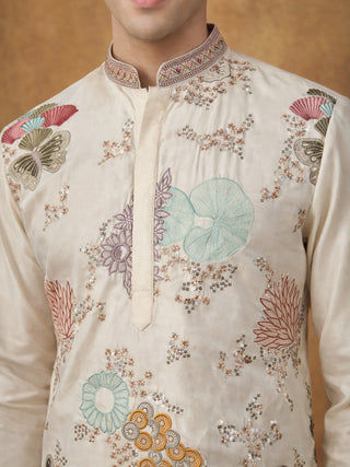 White Silk Blend Embroidered Kurta