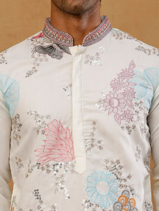 White Silk Blend Embroidered Kurta for Men