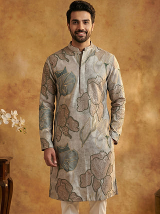 Silk Blend Kurta with Embroidery and Print