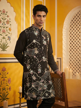 Black Silk Blend Embroidered Kurta