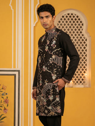 Black Silk Blend Embroidered Kurta