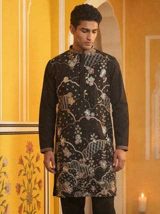 Black Silk Blend Embroidered Kurta