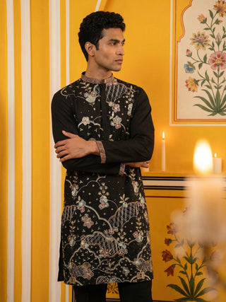 Black Silk Blend Embroidered Kurta