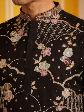 Black Silk Blend Embroidered Kurta