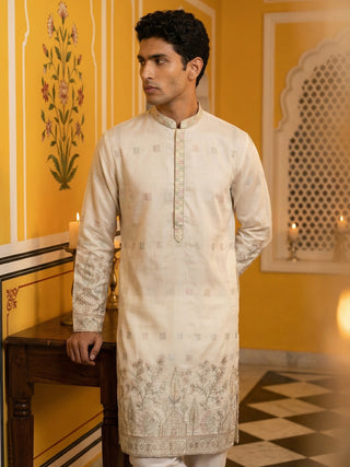 Men Silk Blend Embroidered Kurta