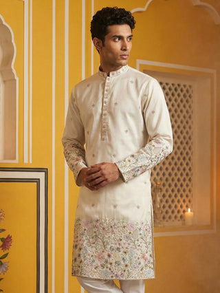 Men Silk Blend Embroidered Kurta