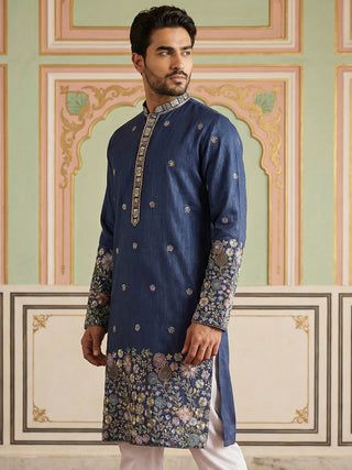 Men Silk Blend Embroidered Kurta