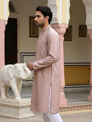 Men Peach Embroidered Festive Kurta