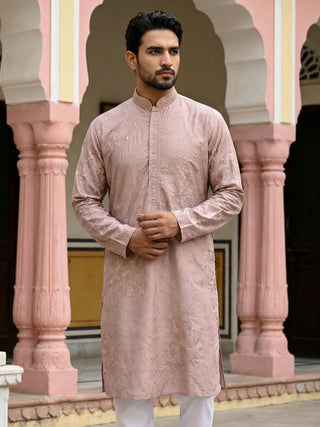 Men Peach Embroidered Festive Kurta
