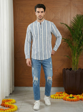 Stripe Pattern Cotton Blend Ethnic Kurta