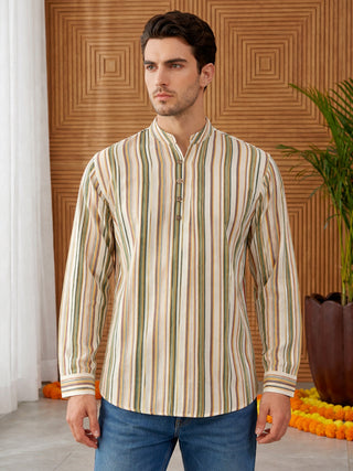 Men Casual Stripe Pattern Cotton Blend Kurta