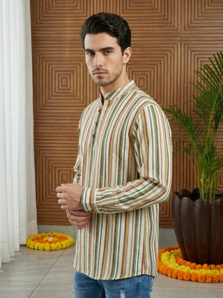 Men Casual Stripe Pattern Cotton Blend Kurta