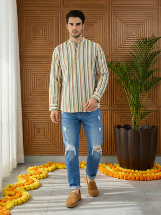 Men Casual Stripe Pattern Cotton Blend Kurta