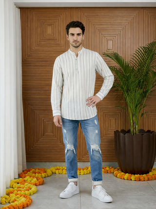 Men Cotton Blend Striped Short Kurta