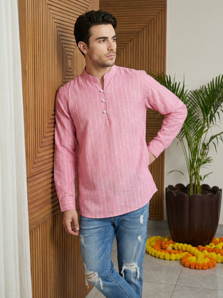Men Striped Cotton Blend Short Kurta