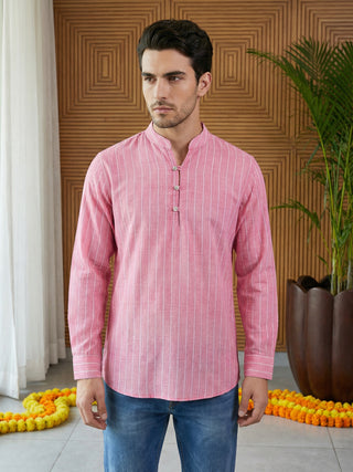 Men Striped Cotton Blend Short Kurta
