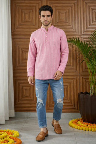 Men Striped Cotton Blend Short Kurta