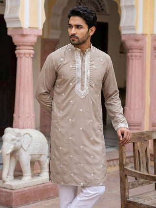 Men Japanese Imported Beige Embroidered Kurta