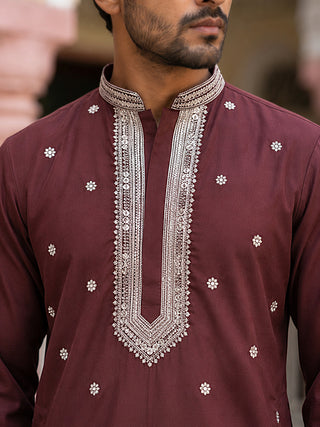 Men Japanese Imported Maroon Embroidered Kurta