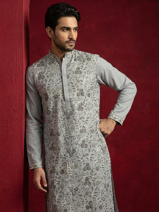 Men Festive Grey Embroidered Straight Kurta