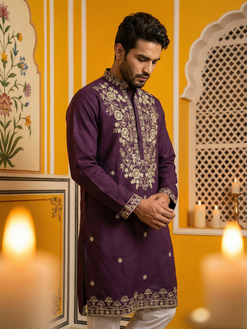 Purple Embroidered Cotton Blend Kurta