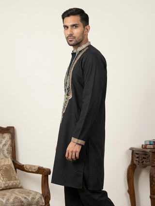 Black Cotton Blend Ethnic Embroidered Kurtas