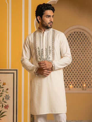 Cream Cotton Blend Ethnic Embroidered Kurta
