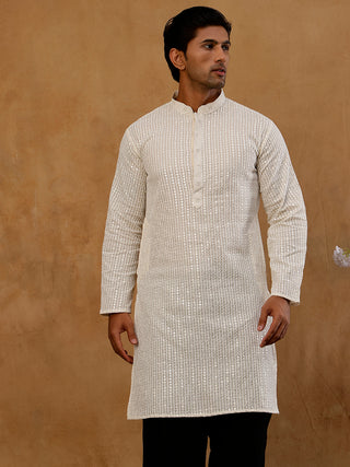 Ivory Sequins Embroidered Kurta for Men