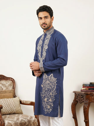 Navy Blue Japanese Embroidered Kurta