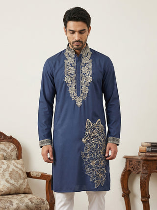 Navy Blue Japanese Embroidered Kurta