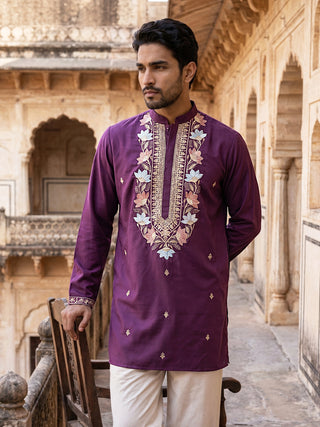 Cotton Blend Floral Embroidered Kurta