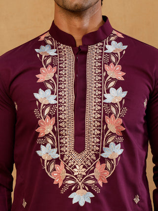 Cotton Blend Floral Embroidered Kurta