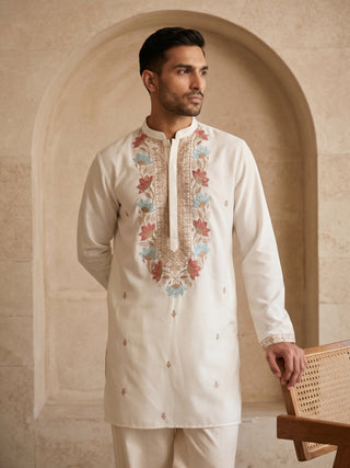 Cotton Blend Floral Embroidered Kurta
