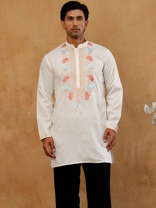 Cotton Blend Floral Embroidered Kurta