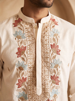 Cotton Blend Floral Embroidered Kurta