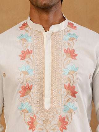 Cotton Blend Floral Embroidered Kurta