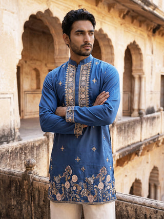 Cotton Blend Floral Embroidered Kurta