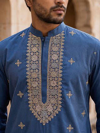 Cotton Blend Floral Embroidered Kurta
