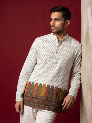 Cotton Blend Printed & Thread Work Kurta for Men