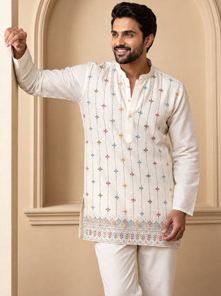 Silk Blend Embroidered Short Kurta