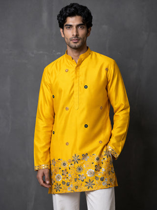 Silk Blend Floral Embroidered Short Kurta
