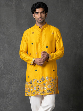 Silk Blend Floral Embroidered Short Kurta