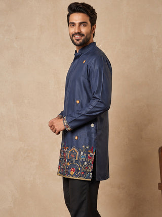 Silk Blend Floral Embroidered Short Kurta