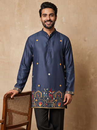 Silk Blend Floral Embroidered Short Kurta
