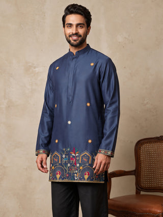 Silk Blend Floral Embroidered Short Kurta