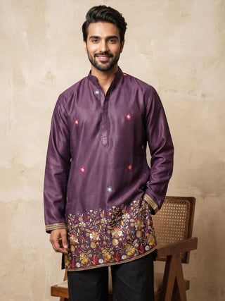 Silk Blend Floral Embroidered Short Kurta