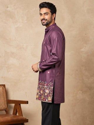 Silk Blend Floral Embroidered Short Kurta