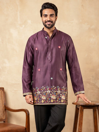 Silk Blend Floral Embroidered Short Kurta