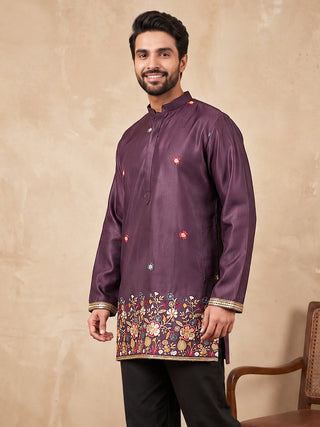 Silk Blend Floral Embroidered Short Kurta